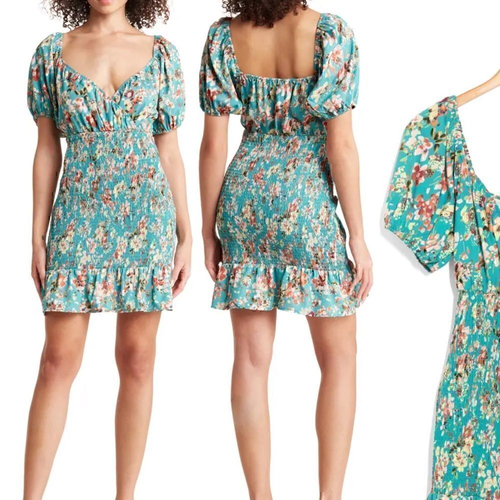NSR Dress Womens size medium Smocked floral balloon sleeve boho summer party